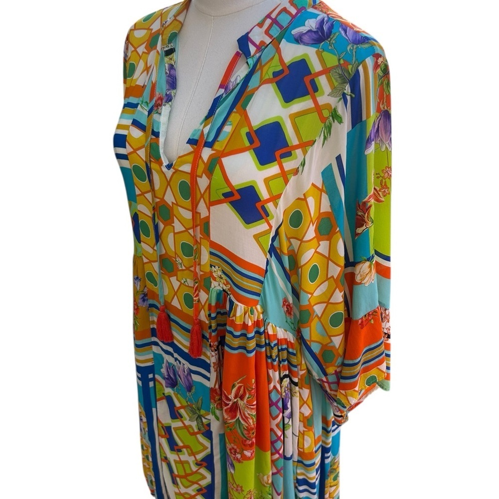 Johnny Was Mixi Short Kaftan Mini Dress Kimono Sleeves Beach Boho Tassels Small - Picture 11 of 14